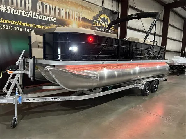 Slide: The Image of 2024 Veranda VR22RFL pontoon boat with Yamaha 150 engine on trailer in showroom. - 3