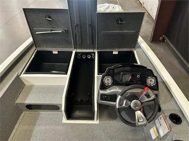 Slide: The Image of 2024 G3 Sportsman 1710 boat interior with Yamaha 90 HP SHO engine, featuring storage compartments and control console. - 6