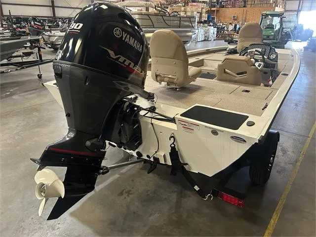 Slide: The Image of 2024 G3 Sportsman 1710 PFX boat with Yamaha 90 SHO outboard motor in warehouse. - 4