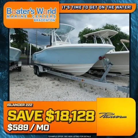 Slide: The Image of 2025 Pioneer Islander 222 boat on a trailer, displayed outdoors. - 1