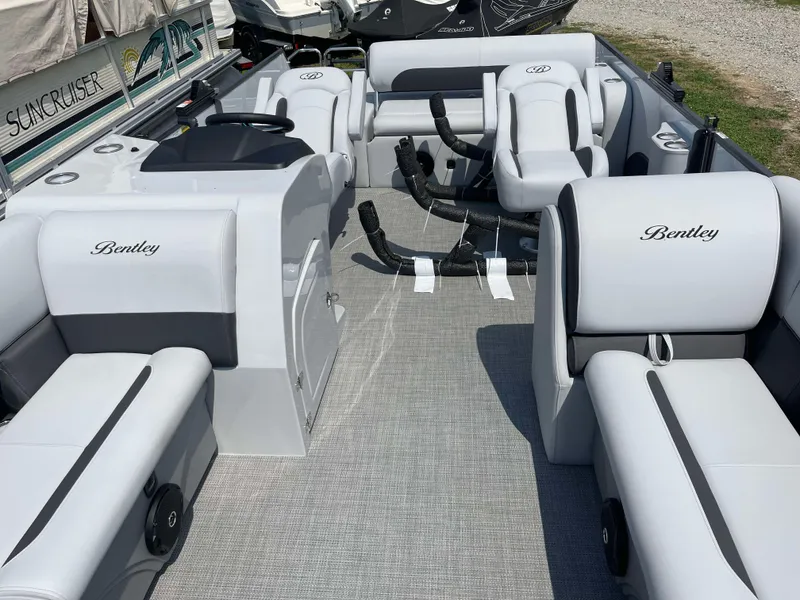 Slide: The Image of 2025 Bentley Pontoons Legacy 220 Swingback interior with luxurious seating. - 7