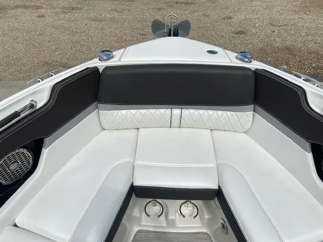 Slide: The Image of 2017 Sea Ray 280 SLX boat bow seating area with white and black upholstery. - 15