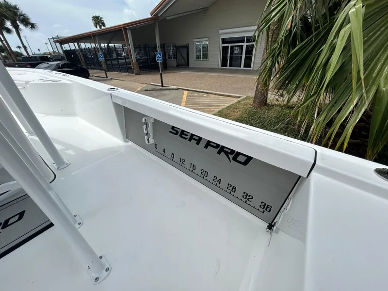 Slide: The Image of 2024 Sea Pro 250 DLX boat deck with built-in measuring ruler. - 14