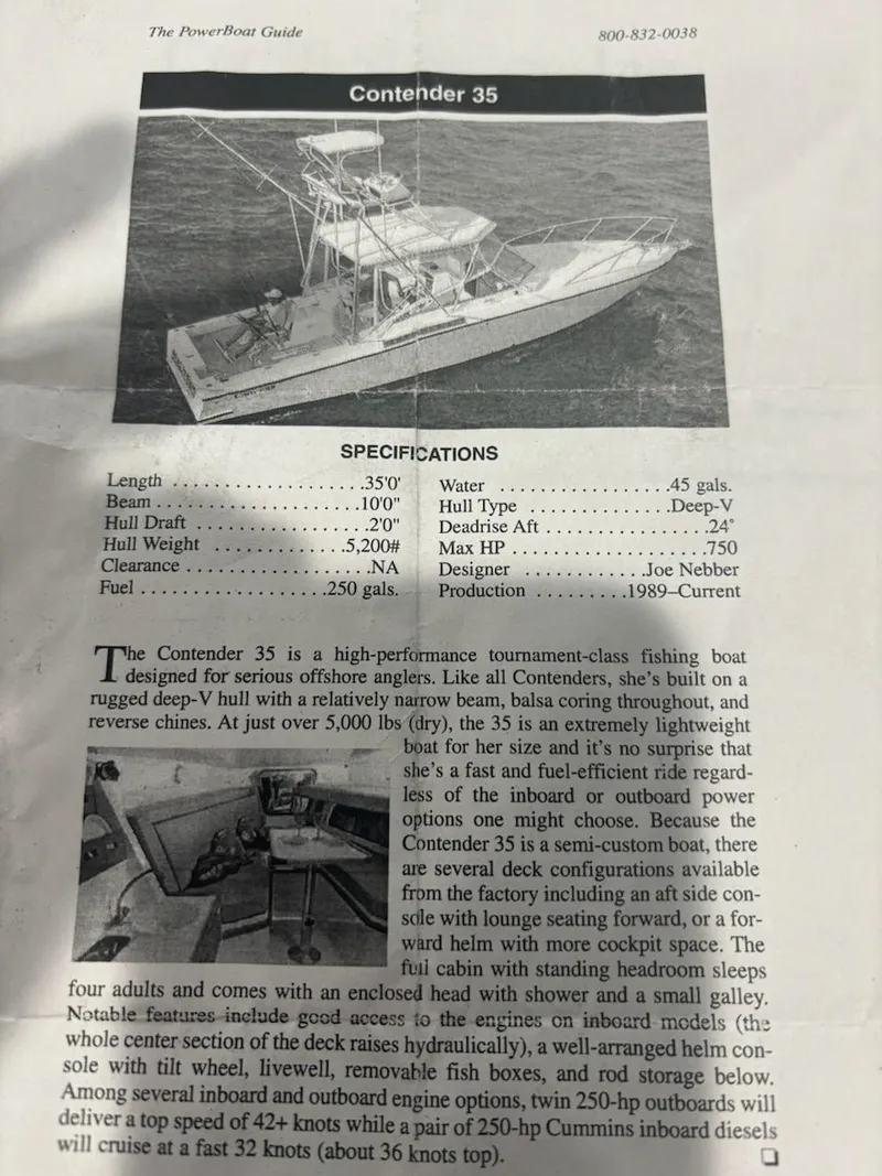 Slide: The Image of Contender 35 Express 1998 boat specifications and features, including high-performance design and amenities. - 7