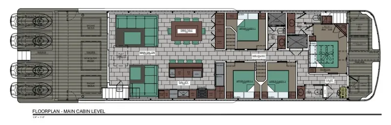 Slide: The Image of Floor plan of Adonia Ovation Share 2, 2023 model, main cabin level layout. - 2