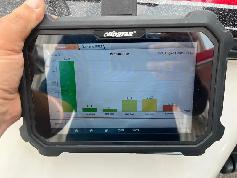 Slide: The Image of Diagnostic tool displaying runtime RPM data for 2016 Skeeter ZX 250 boat. - 2