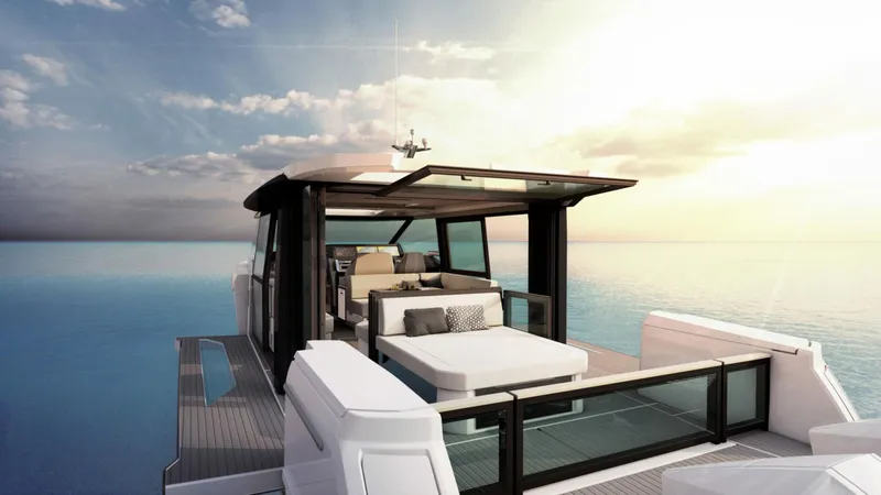 Slide: The Image of 2025 Saxdor 400 GTC luxury yacht with modern design on calm ocean at sunset. - 1