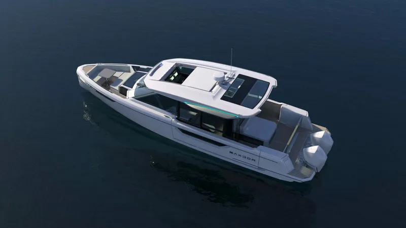 Slide: The Image of 2025 Saxdor 400 GTC luxury motorboat on calm water. - 3