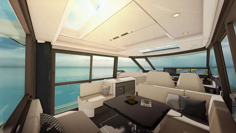 Slide: The Image of Luxurious interior of the 2025 Saxdor 400 GTC yacht with panoramic ocean views. - 4