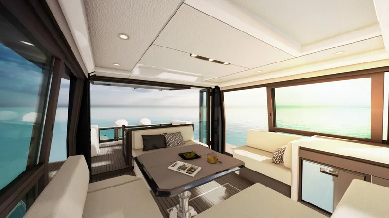 Slide: The Image of Luxurious interior of the 2025 Saxdor 400 GTC yacht with panoramic ocean views. - 7