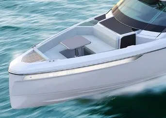 Slide: The Image of 2025 Saxdor 400 GTC luxury boat cruising on water. - 8