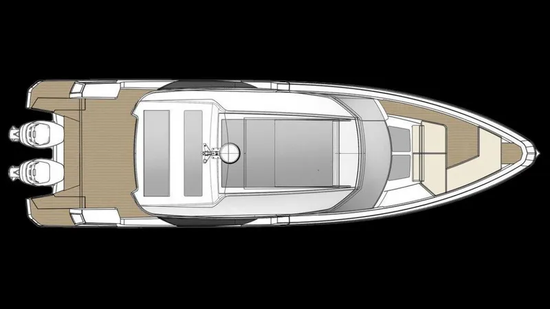 Slide: The Image of Top view of 2025 Saxdor 400 GTC boat with twin outboard motors. - 9
