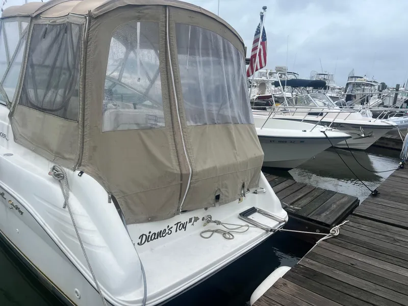 Slide: The Image of 1998 Sea Ray 27 Sundancer docked, featuring tan canopy and "Diane's Toy" name. - 19