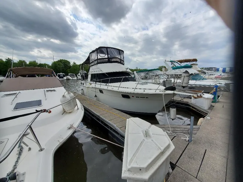 The Image of 1983 Carver 3207 AFT Cabin Motor Yacht docked at marina under cloudy skies. - 0