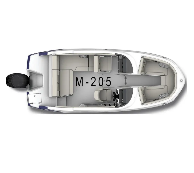 Slide: The Image of Top view of 2025 Monterey M-205 boat layout, featuring seating and helm. - 23