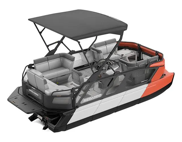 The Image of 2024 Sea-Doo Cruise pontoon boat with canopy, spacious seating, and modern design. - 1