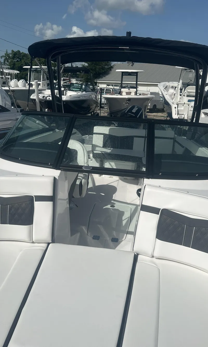 Slide: The Image of Top view of 2025 Monterey M-225 boat layout, showcasing seating and interior design. - 23