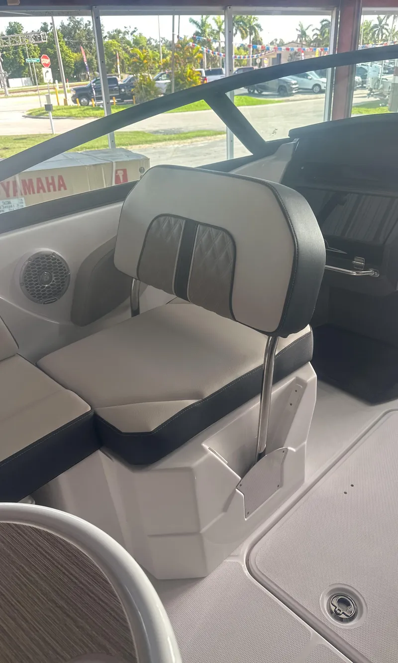 Slide: The Image of 2025 Monterey M45 boat interior with modern seating and sleek design. - 25