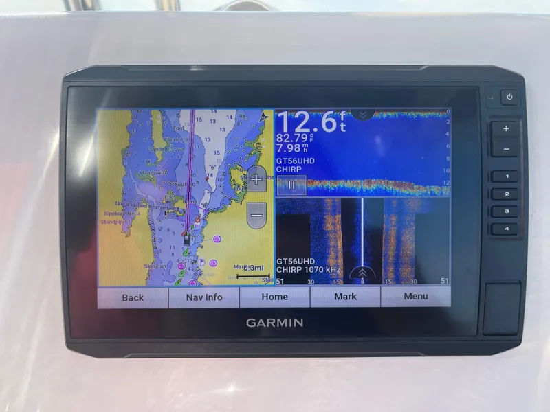 Slide: The Image of Garmin GPS display on a 2021 Key West 219 FS boat showing navigation and sonar data. - 11