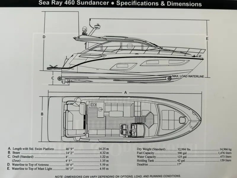 Slide: The Image of 2017 Sea Ray Sundancer specifications and dimensions diagram with detailed measurements. - 1