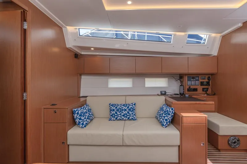 Slide: The Image of Luxurious interior of 2022 Bavaria C50 yacht with modern seating and nautical decor. - 44