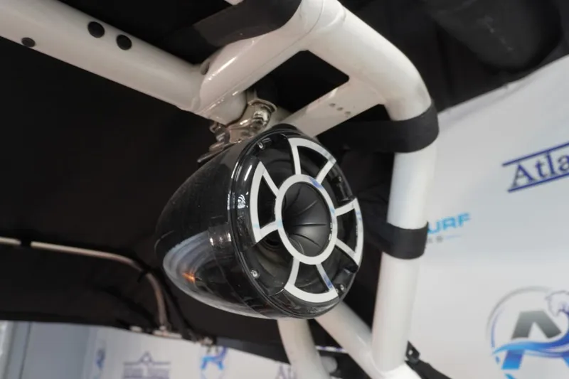 Slide: The Image of 2019 Moomba Craz MG boat speaker mounted on a white frame. - 19