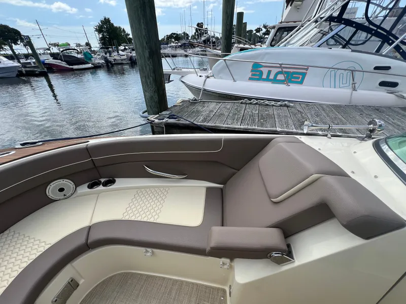 Slide: The Image of 2023 Chris-Craft Launch 28 GT luxury boat interior at marina dock. - 44