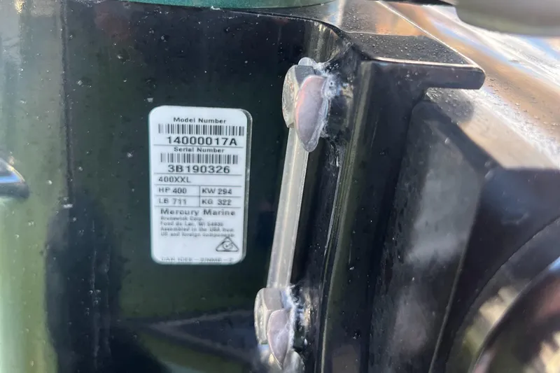 Slide: The Image of Close-up of Mercury Marine engine label on 2023 Chris-Craft Launch 28 GT. - 49