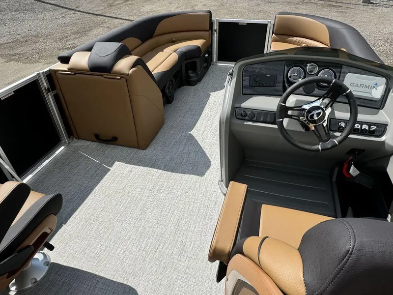 Slide: The Image of Interior of 2025 Tahoe LTZ 2585 QL pontoon boat with tan and black seating. - 8