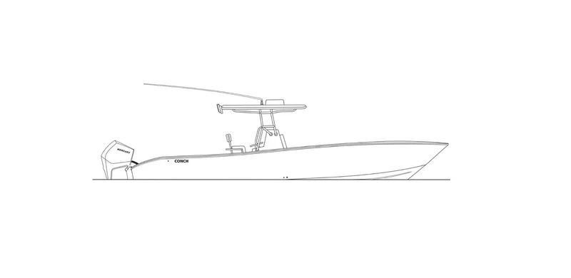 The Image of Line drawing of a 2025 Conch 30 boat, side view, with outboard motor. - 1