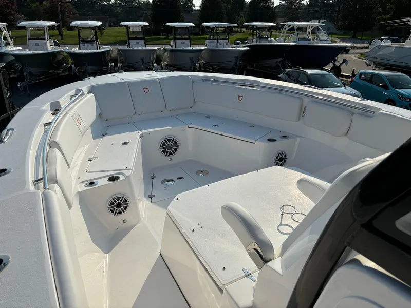 Slide: The Image of 2025 Sea Fox 328 Commander boat interior with spacious seating and modern design. - 13