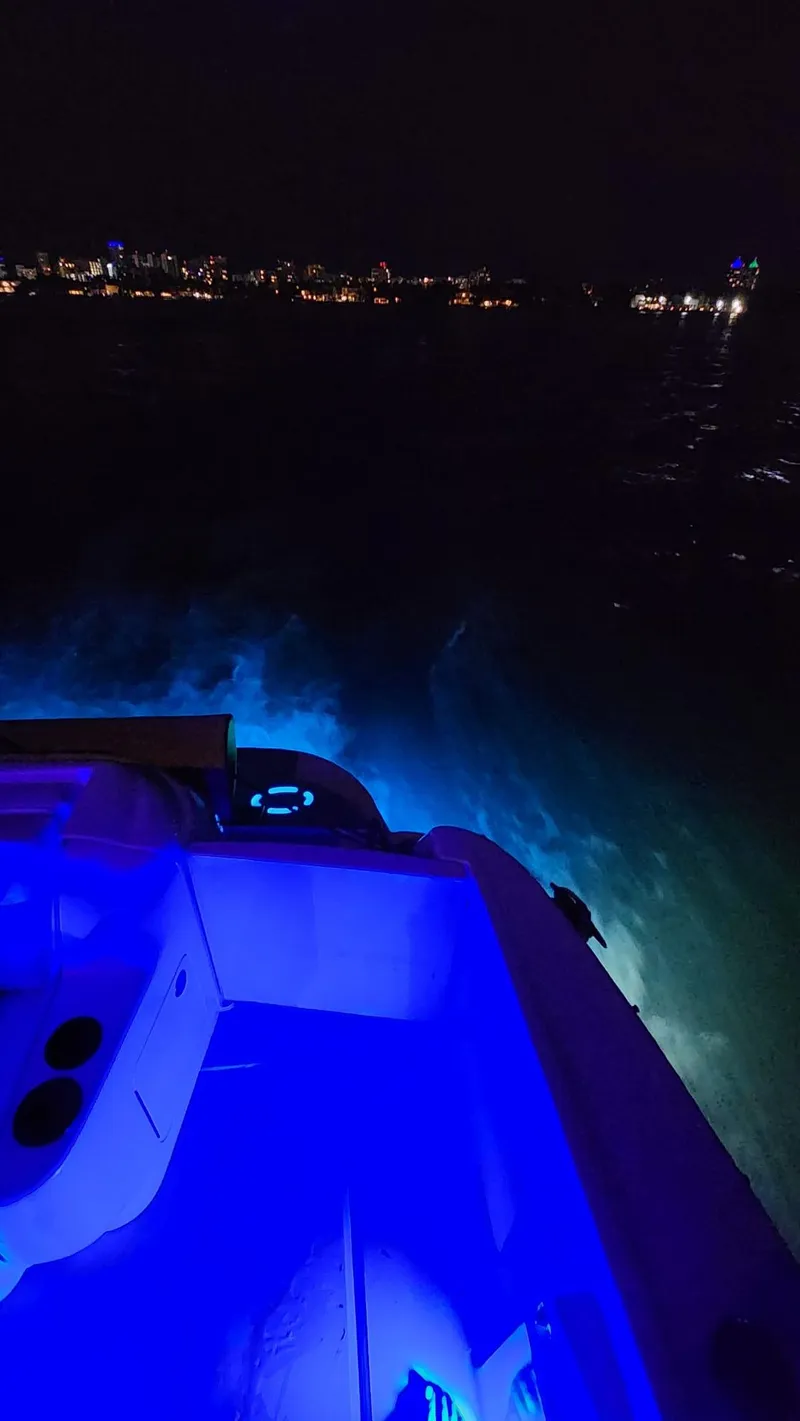 Slide: The Image of Sea Ray 460 Sundancer 2002 with blue LED lights on water at night. - 8