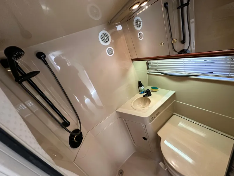 Slide: The Image of 1999 Cruisers Yachts 4270 Esprit bathroom with shower, sink, and toilet. - 18