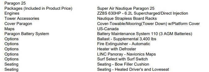 Slide: The Image of 2024 Nautique Super Air Nautique G25 Paragon features and options list. - 16