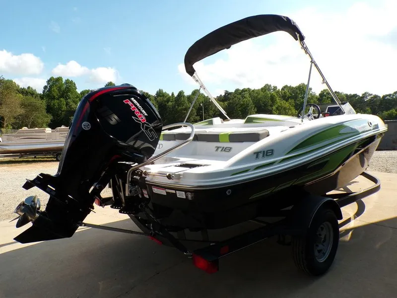 Slide: The Image of 2024 Tahoe T18 boat with outboard motor on trailer, parked outdoors. - 10