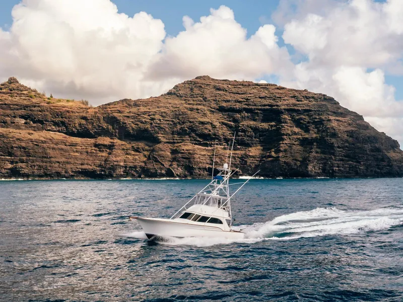 Slide: The Image of 1997 Buddy Davis Sportfisher Convertible cruising near rocky coastline under cloudy sky. - 12