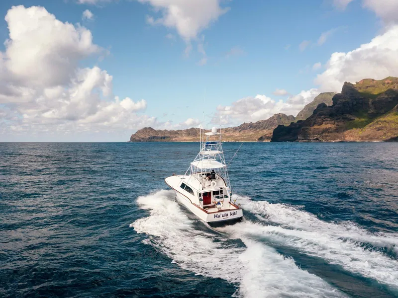 Slide: The Image of 1997 Buddy Davis Sportfisher Convertible cruising on ocean near rocky coastline. - 13