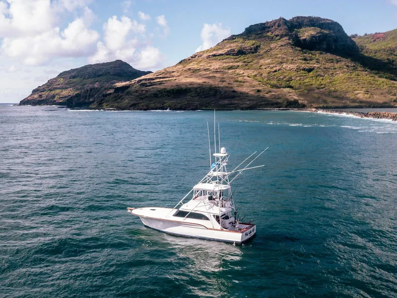 Slide: The Image of A 1997 Buddy Davis Sportfisher Convertible boat on the ocean near rocky hills. - 8