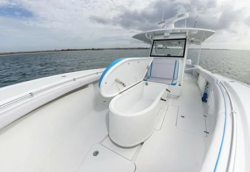 Slide: The Image of 2018 Yellowfin 39 boat with open storage compartment on deck. - 11