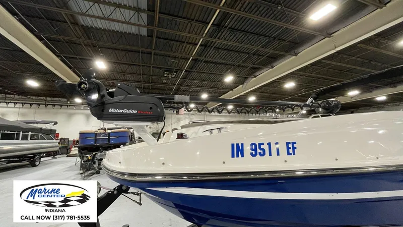 Slide: The Image of 2019 Bayliner 190 Deck Boat with MotorGuide motor in showroom, Indiana Marine Center. - 6