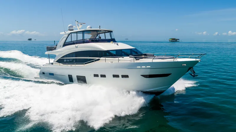 Slide: The Image of 2018 Princess Y75 Motor Yacht cruising on open water. - 12