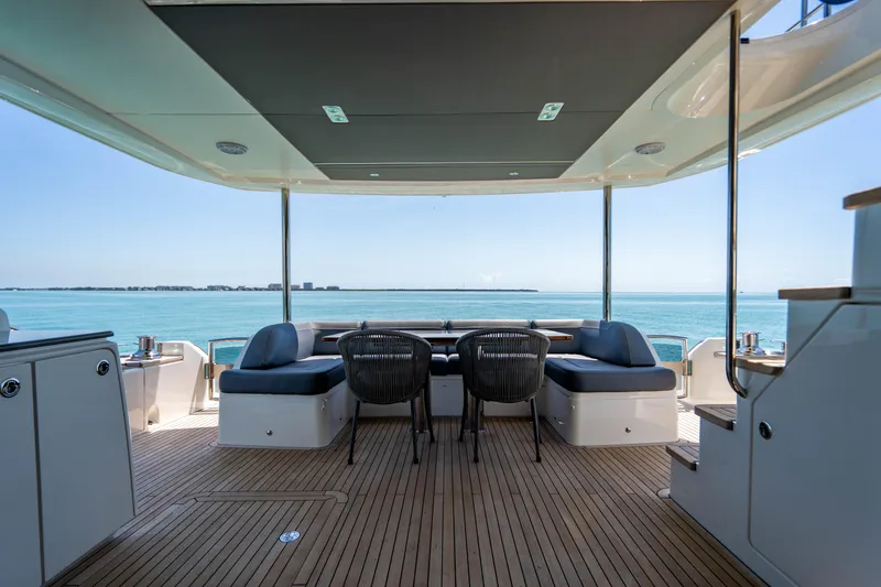 Slide: The Image of Princess Y75 Motor Yacht 2018 aft deck with ocean view, seating, and dining area. - 20