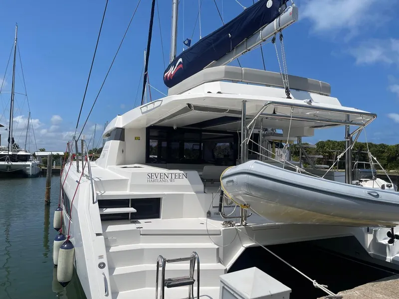 Slide: The Image of Leopard 50 catamaran docked at marina, 2020 model. - 2