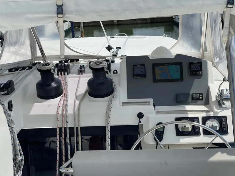 Slide: The Image of Cockpit of a 2020 Leopard 50 yacht with navigation instruments and winches. - 25