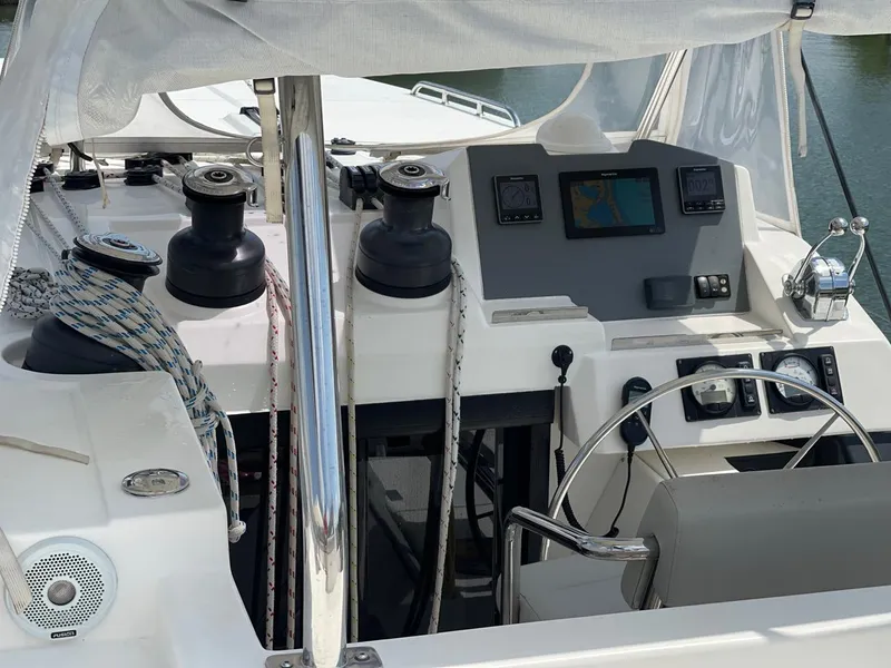 Slide: The Image of Cockpit of a 2020 Leopard 50 yacht with navigation equipment and steering wheel. - 26