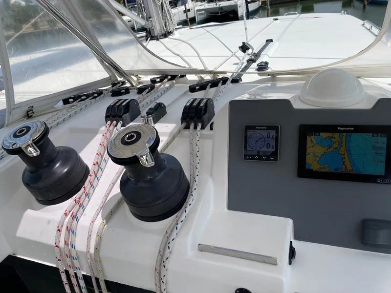 Slide: The Image of Control panel and winches on a 2020 Leopard 50 sailboat. - 33