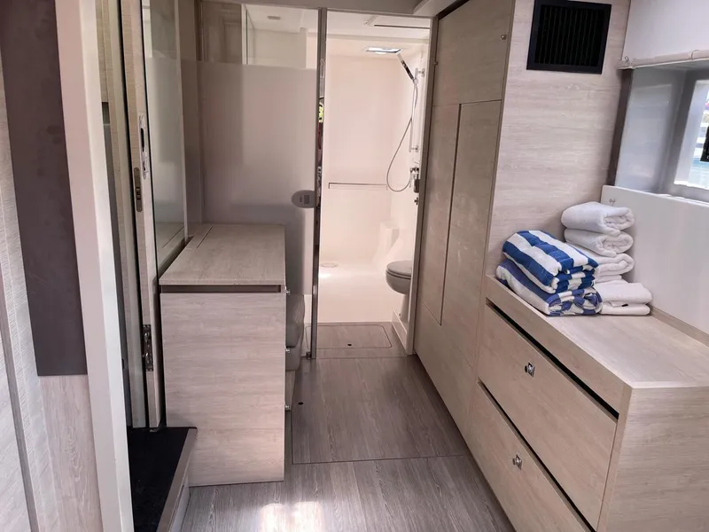 Slide: The Image of Modern bathroom interior of 2020 Leopard 50 yacht with shower and storage. - 42