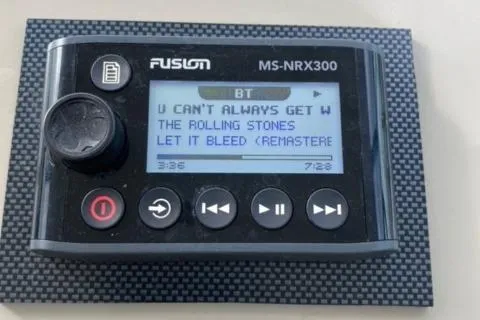 Slide: The Image of Fusion MS-NRX300 stereo system on a 2012 Sea Ray 370 Sundancer displaying The Rolling Stones song. - 18