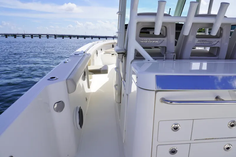 Slide: The Image of 2020 Boston Whaler 350 Outrage boat interior with ocean view. - 11