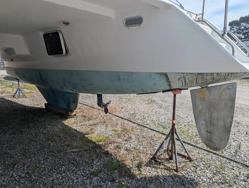 Slide: The Image of Shuttleworth Ocean Cheetah 37 catamaran, 1998 model, on stands for maintenance. - 40